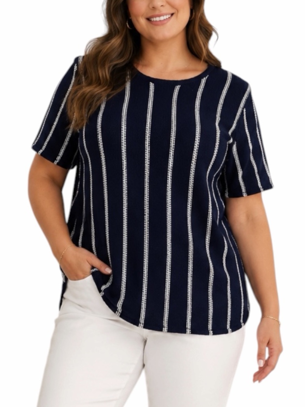 Jessica London Navy White Stripe Textured Knit Top Women’s Size 18/20 Cotton